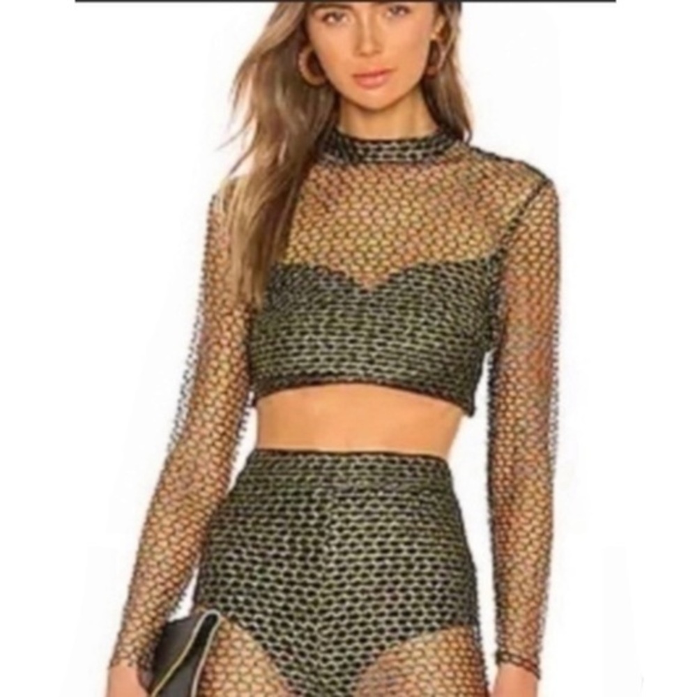 NWT Camila Coelho black gold mesh Rae long sleeve blouse